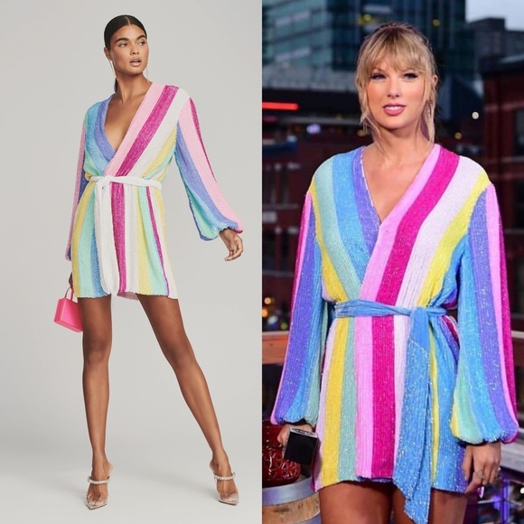 Retrofete Gabrielle NWT Robe Wrap Dress Unicorn Stripe Rainbow Sequin - Picture 2 of 12